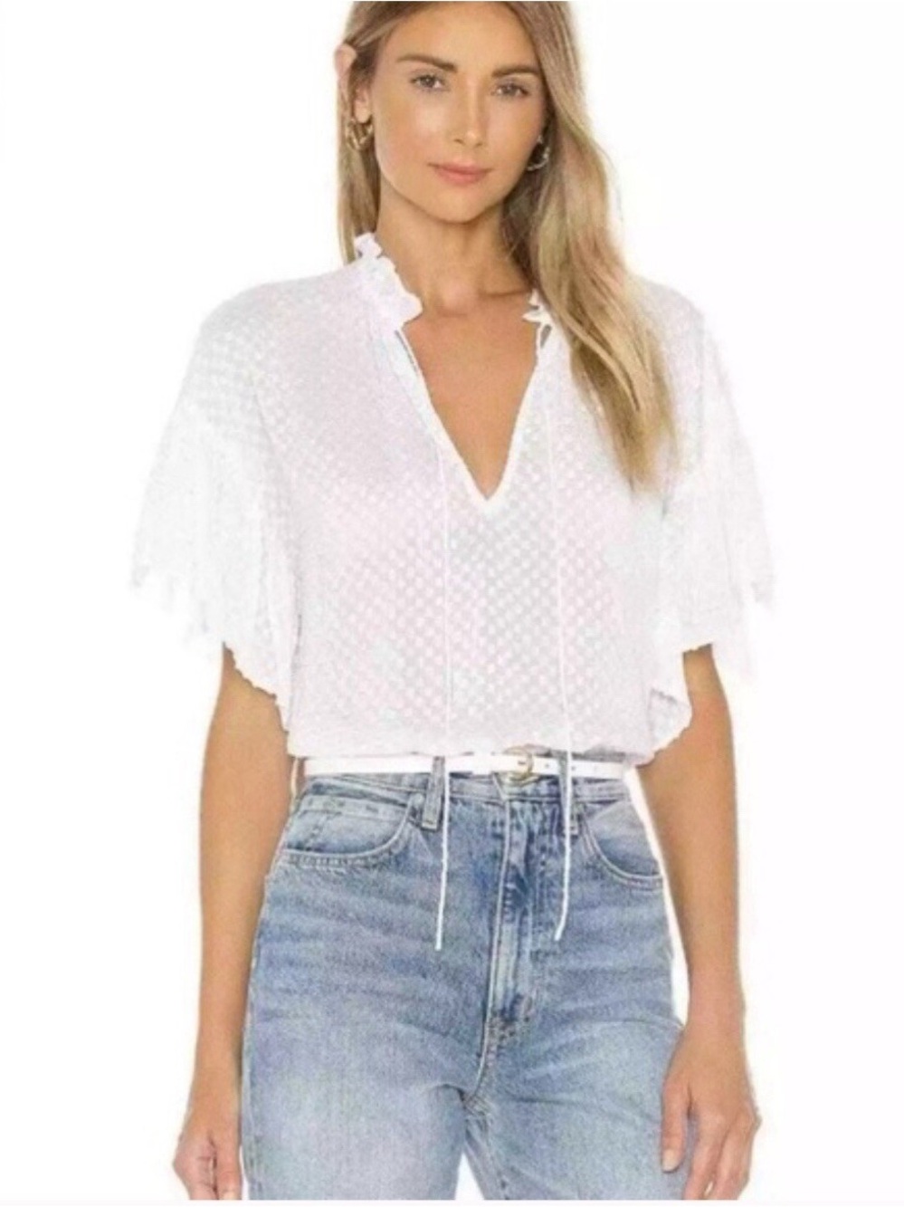 Alice + Olivia Semi-Sheer Julius Ruffle Neck Flutter Sleeve Tunic Top Blouse M